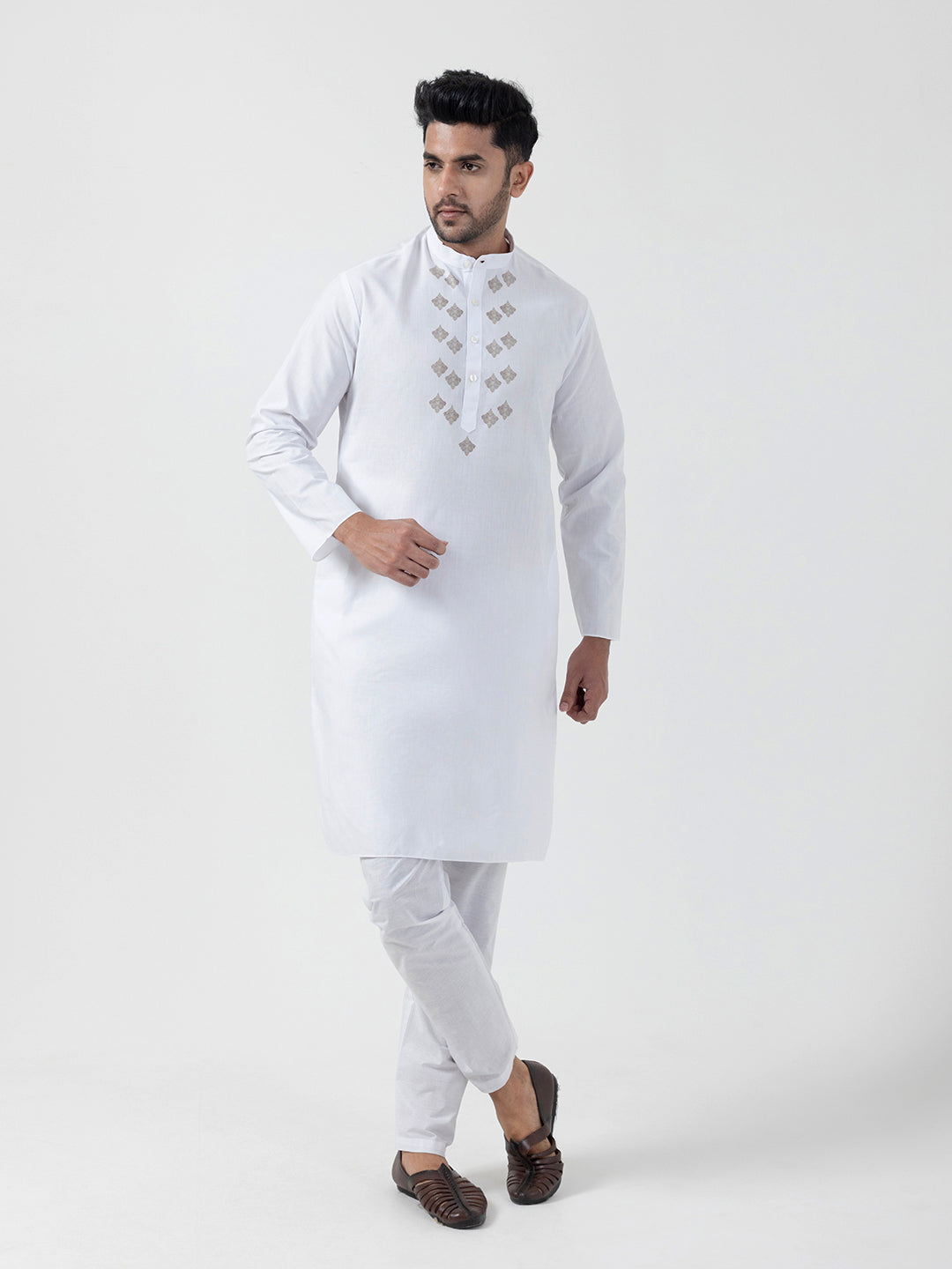 Men's White Cotton Kurta Set – Ethnic Print