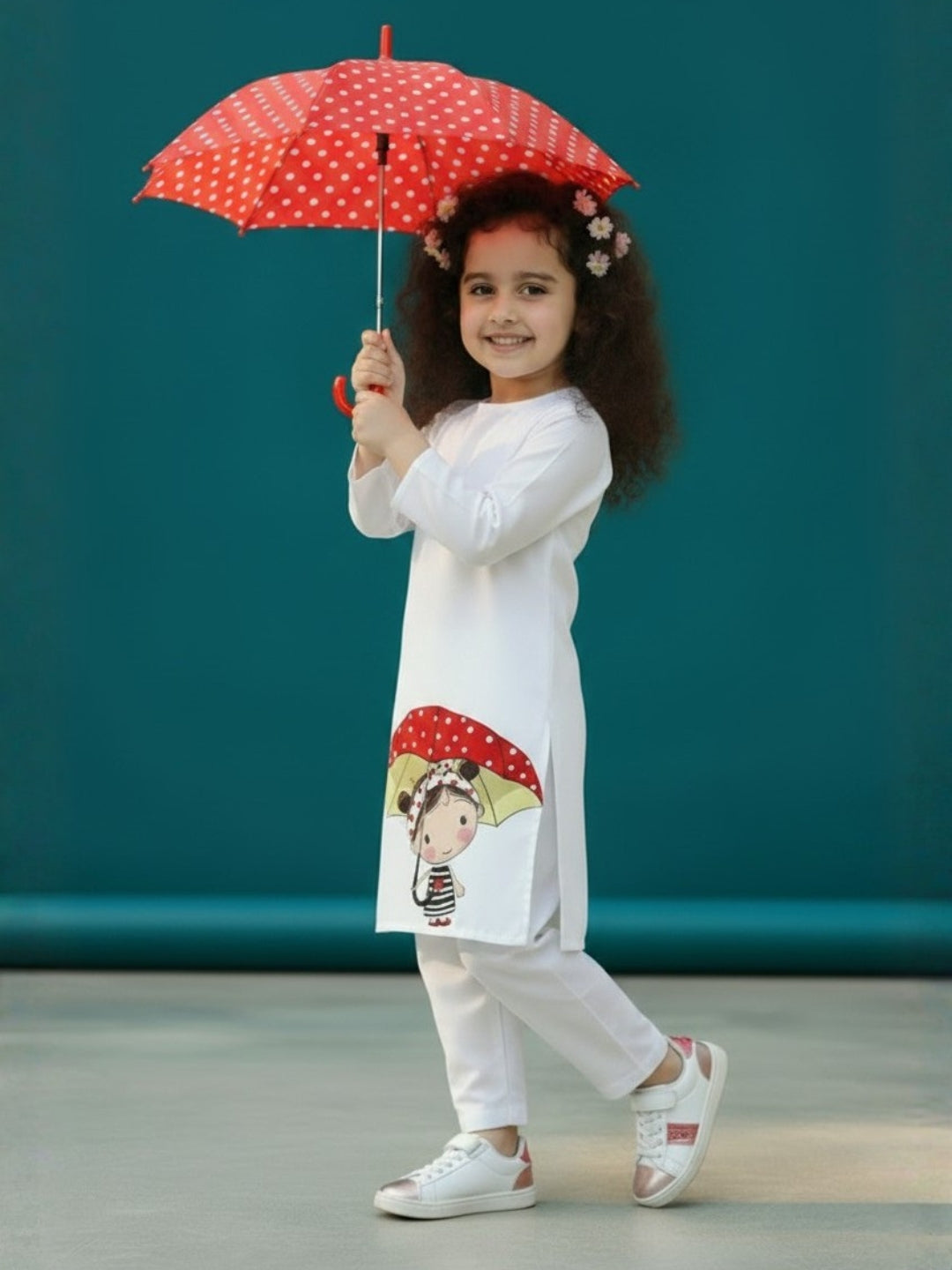 Girls' White Cotton Kurti Set – Ethnic Print