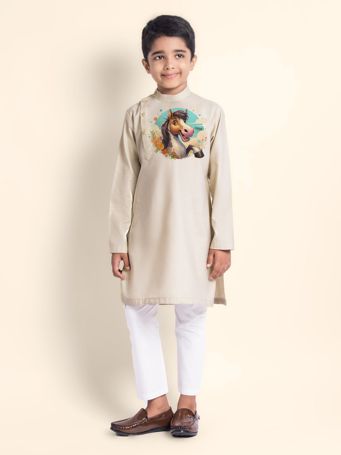 Boys' Beige Cotton Kurta Set – Printed
