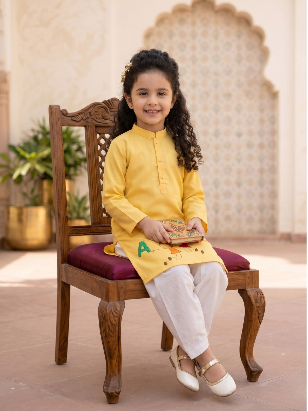 Girls' Yellow Cotton Kurti Set – Ethnic Print