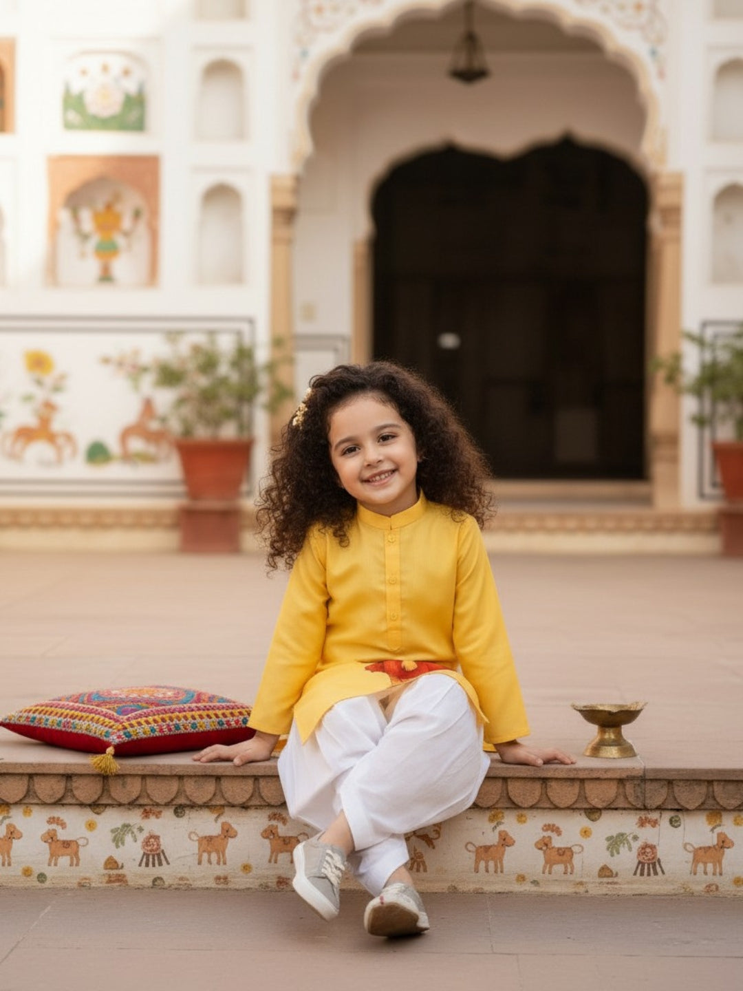 Girls' Yellow Cotton Kurti Set – Ethnic Print