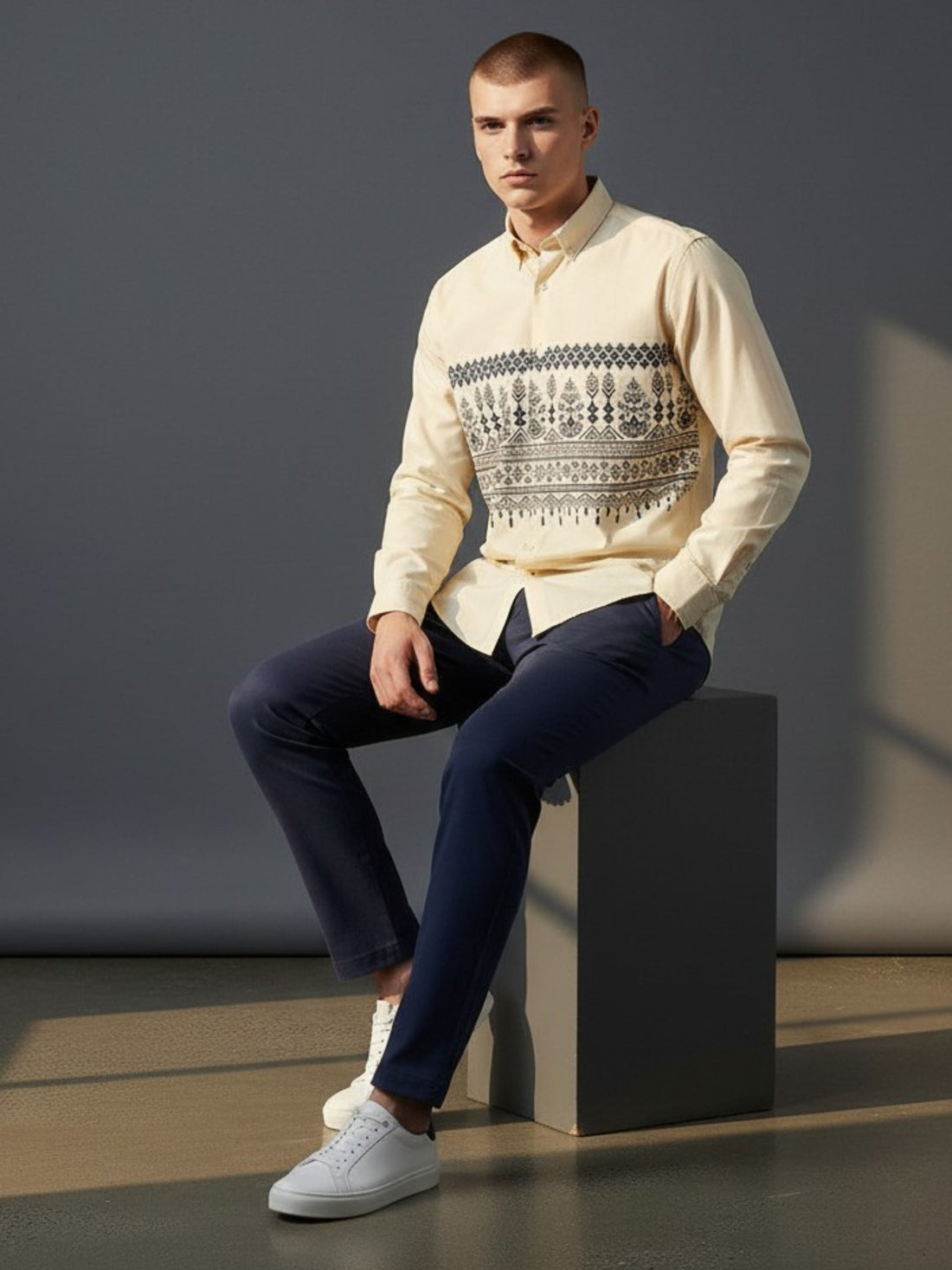 Men's Beige Cotton Shirt – Ethnic Print