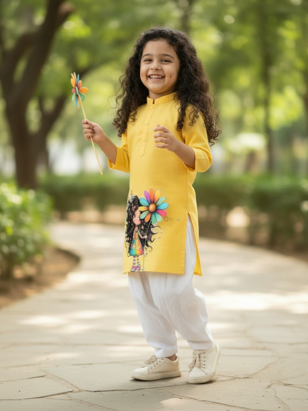 Girls' Yellow Cotton Kurti Set – Ethnic Print