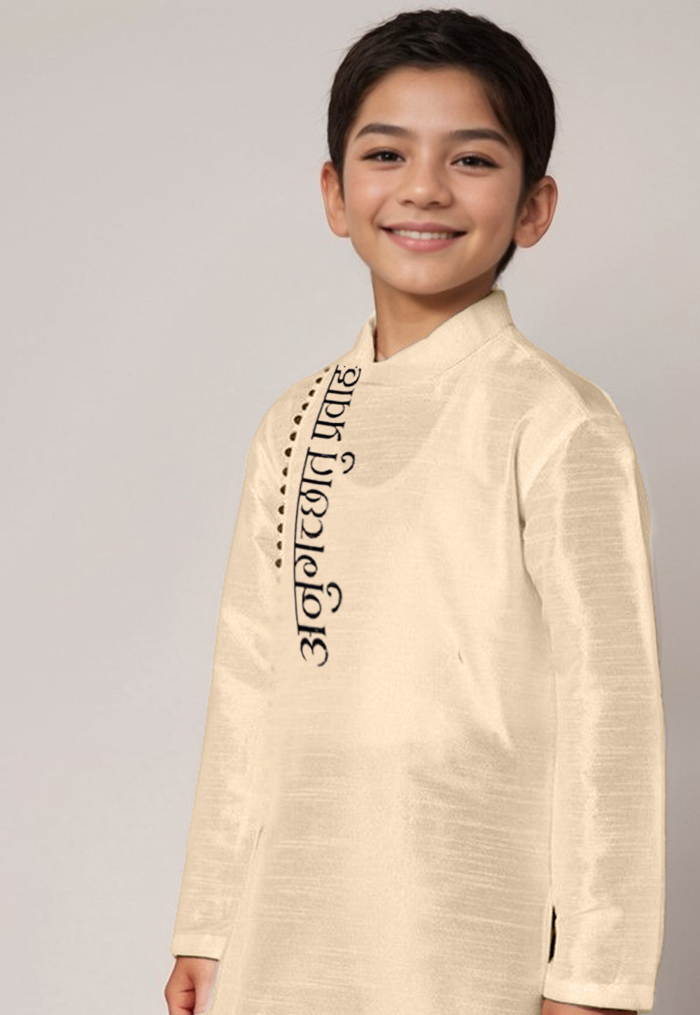 Boys' Beige Dupion Silk Kurta & Dhoti Set – Floral Print