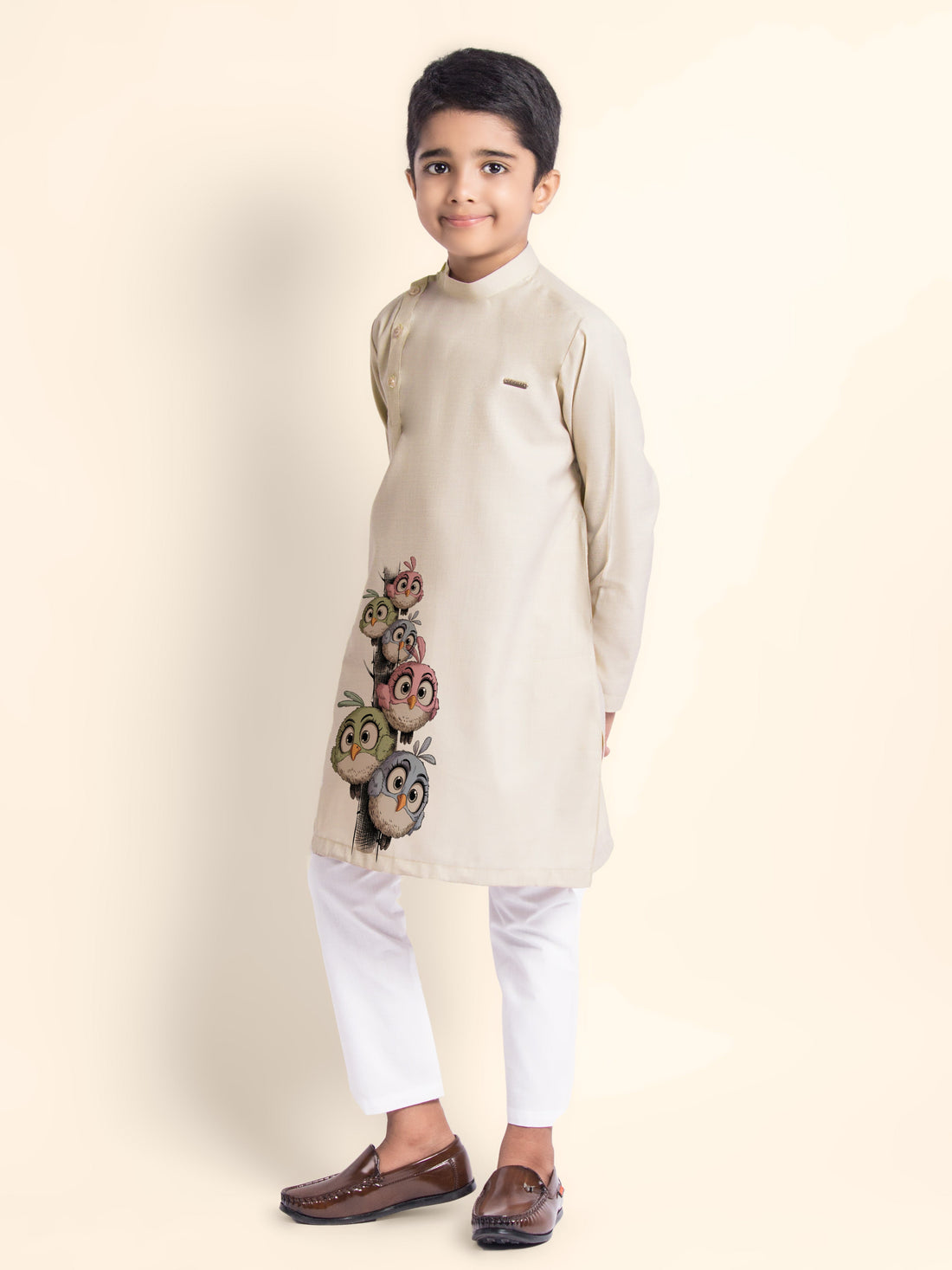 Boys' Beige Cotton Kurta & Pyjama Set – Printed