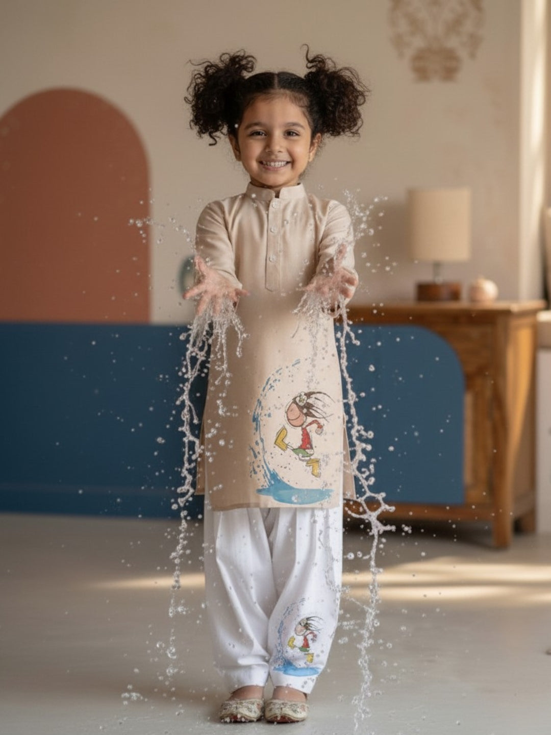 Girls' Beige Cotton Kurti Set – Ethnic Print