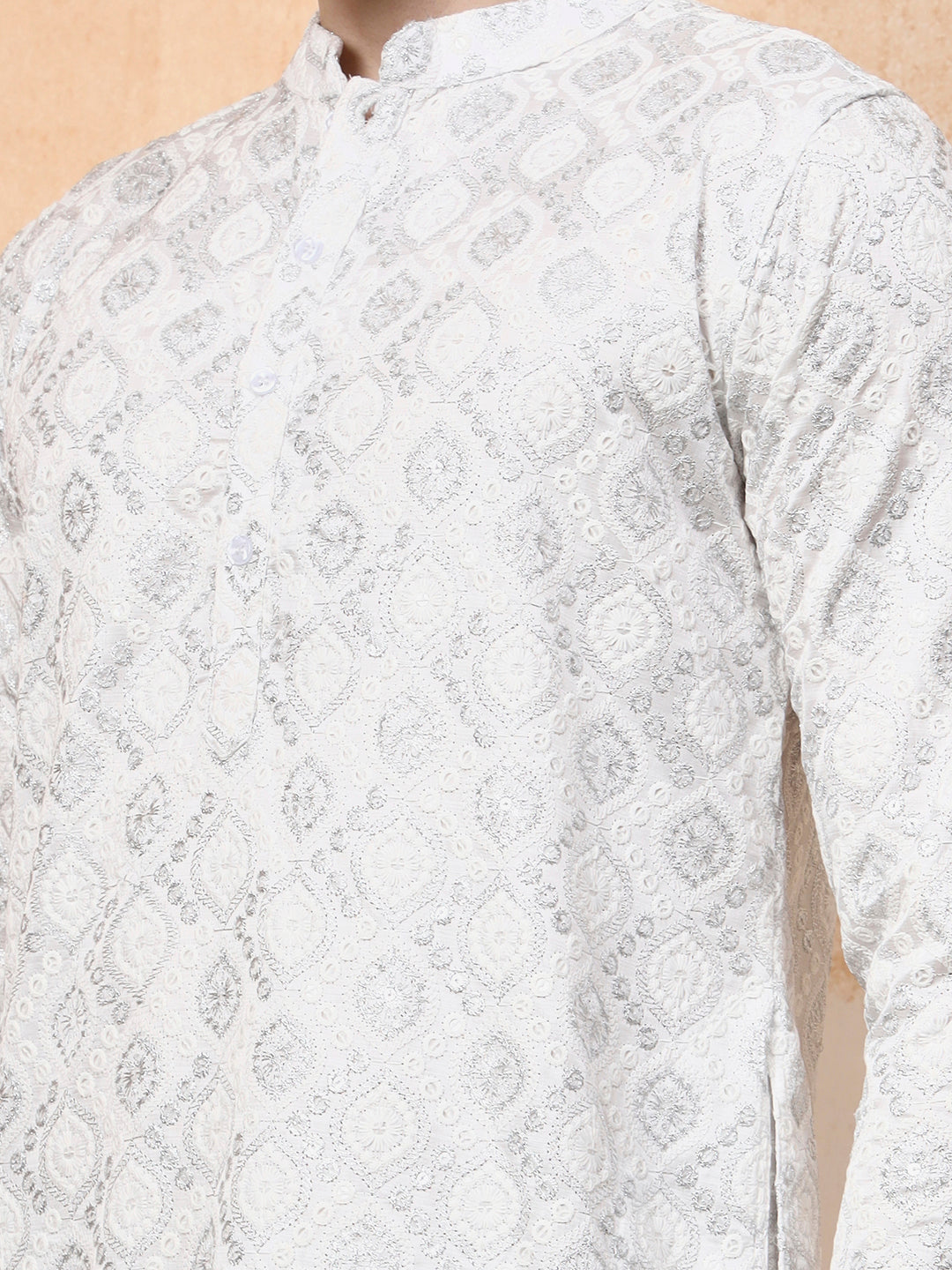 Men's White Cotton Kurta Set – Silver Zari Work