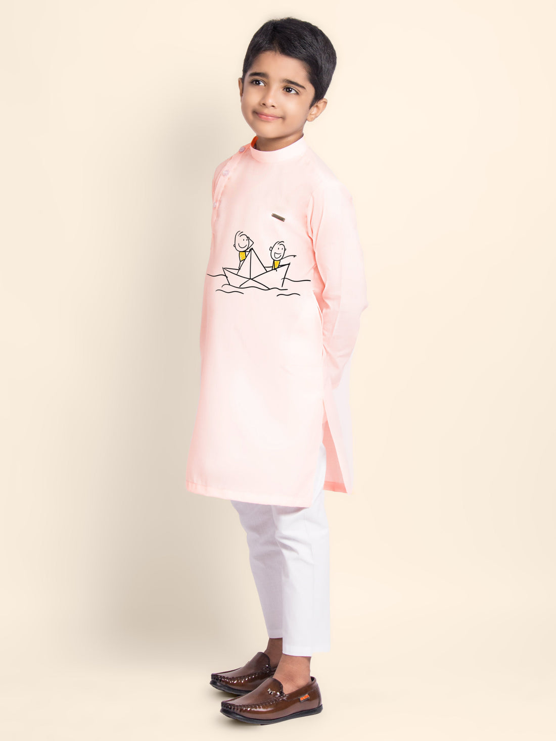 Boys' Pink Cotton Kurta & Pyjama Set – Printed