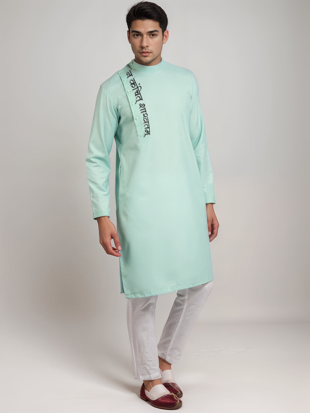 Men's Green Cotton Kurta Set – Ethnic Print & Side Placket