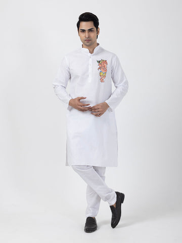 Men's White Cotton Kurta Set – Lord Ganesha Print