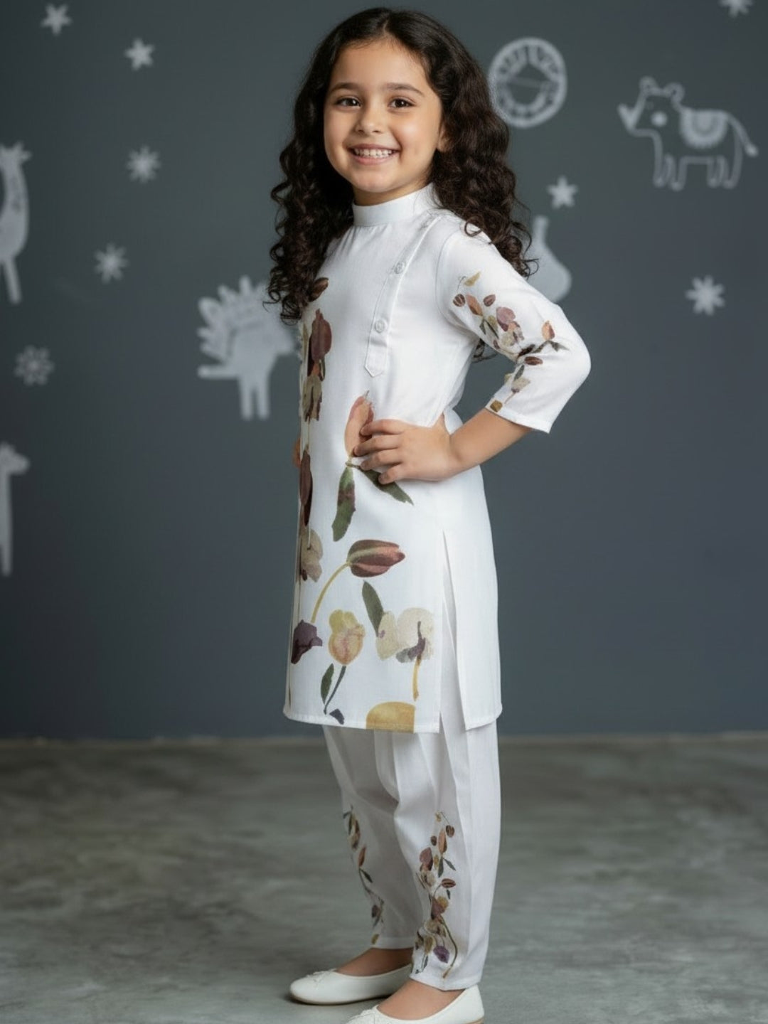 Girls' White Cotton Kurti Set – Ethnic Print