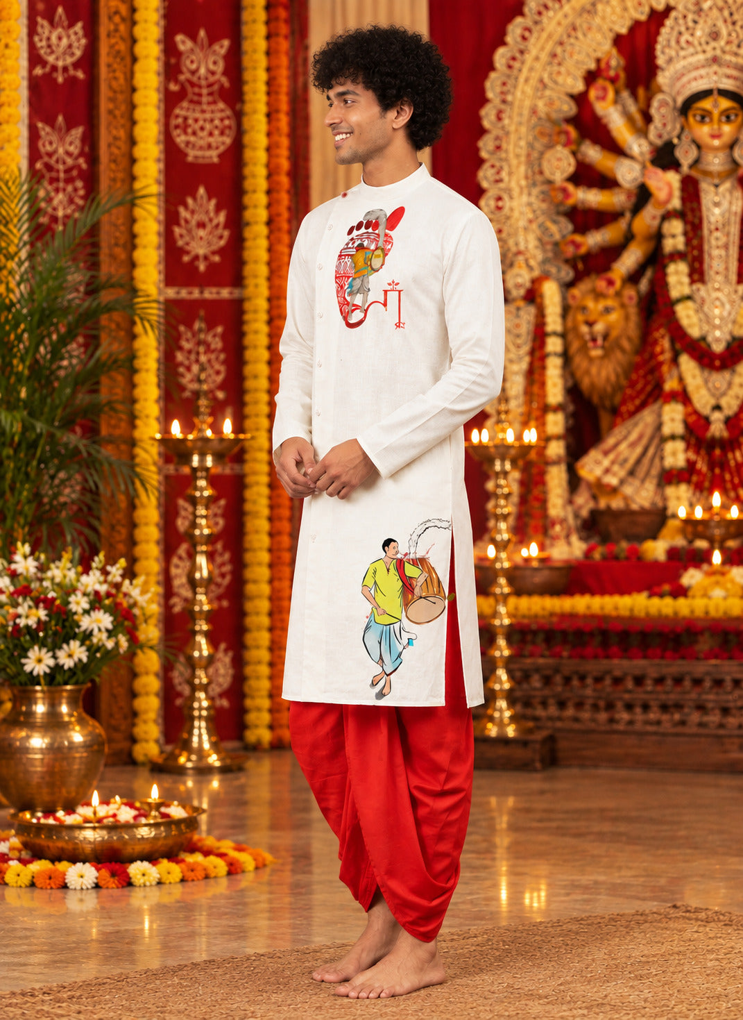 Men's White Cotton Kurta with Dhoti Set – Ethnic Print & Side Placket
