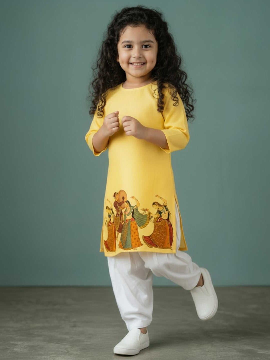 Girls' Yellow Cotton Kurti Set – Ethnic Print