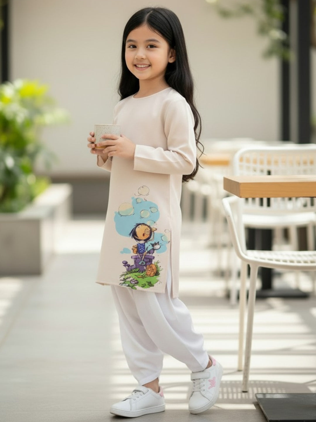 Girls' Beige Cotton Kurti Set – Ethnic Print
