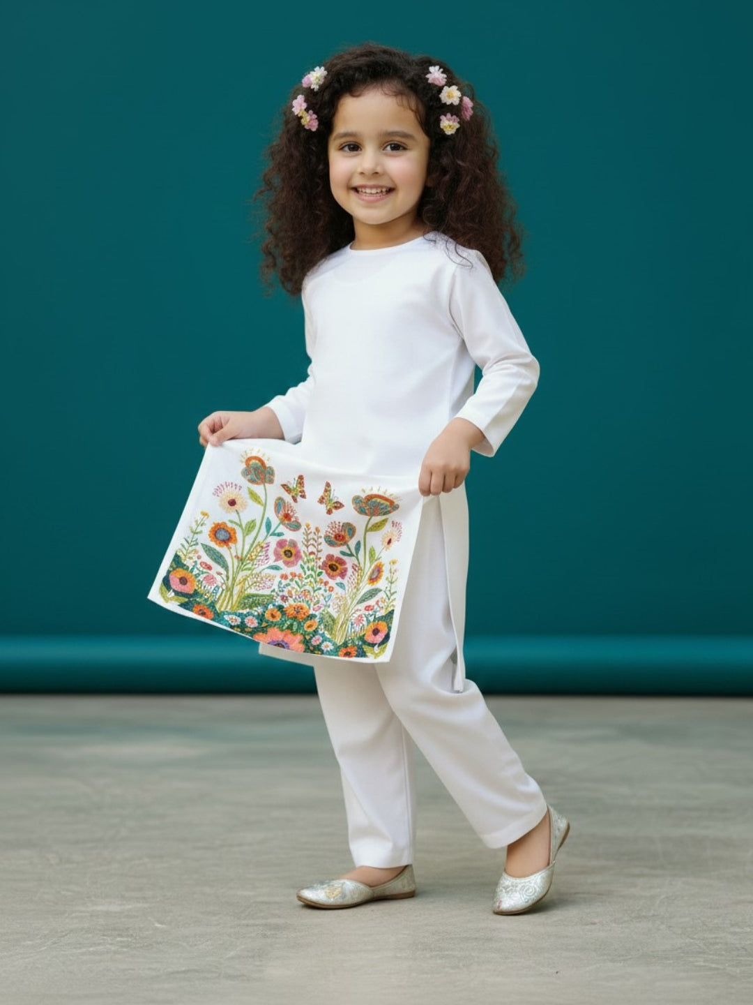 Girls' White Cotton Kurti Set – Ethnic Print