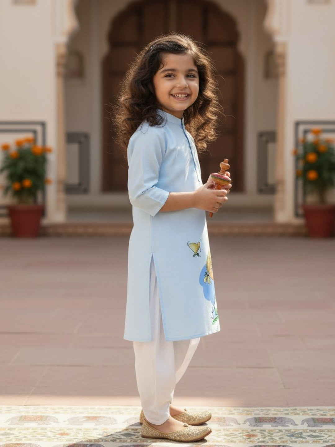 Girls' Sky Blue Cotton Kurti Set – Ethnic Print