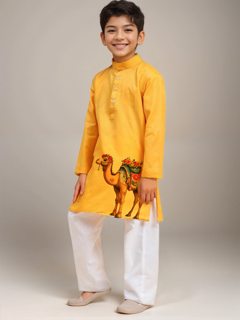 Boys' Yellow Cotton Kurta & Pyjama Set – Printed