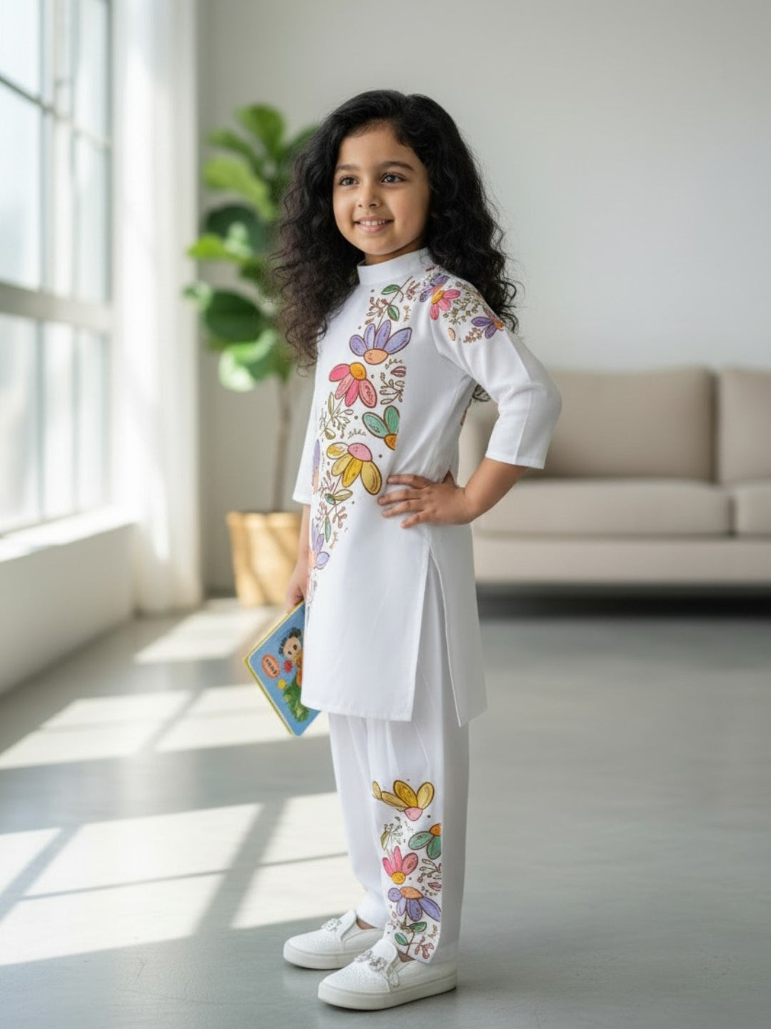 Girls' White Cotton Kurti Set – Ethnic Print