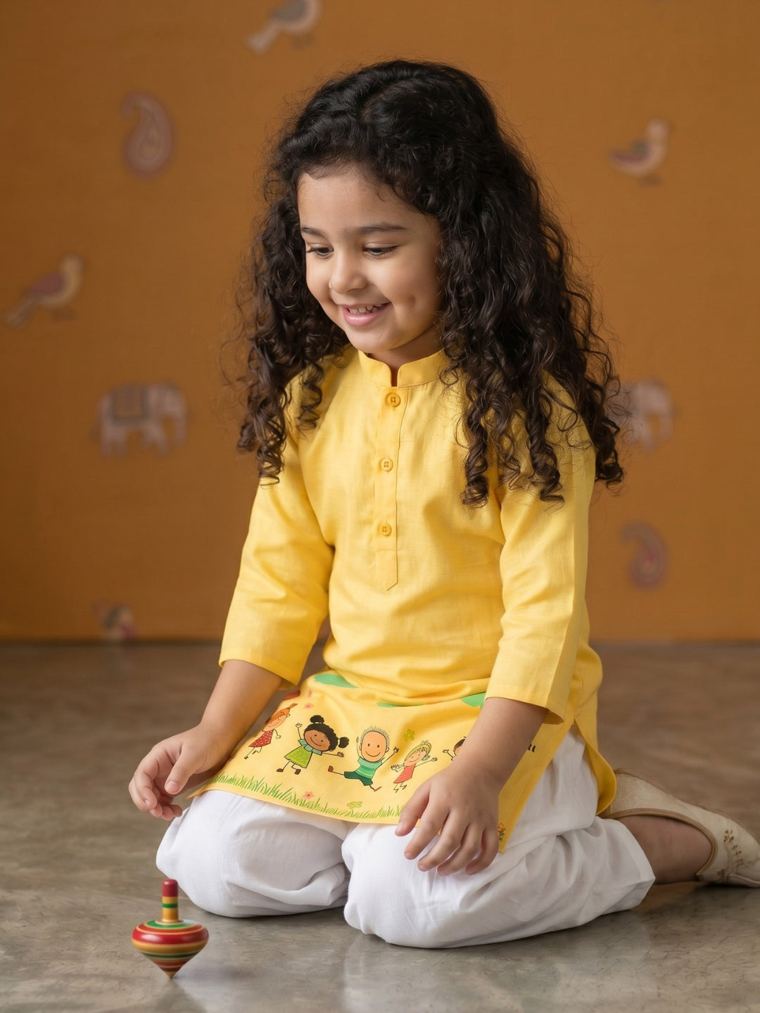 Girls' Yellow Cotton Kurti Set – Ethnic Print