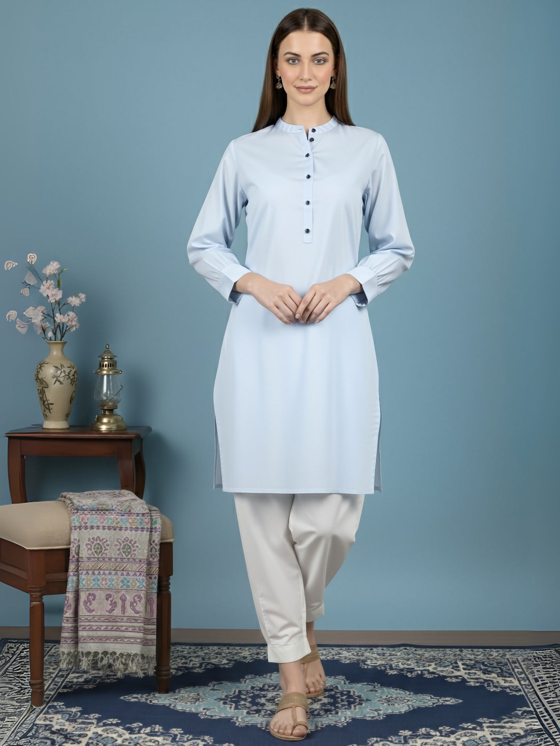 Women's Sky Blue Cotton Kurti Set – Solid