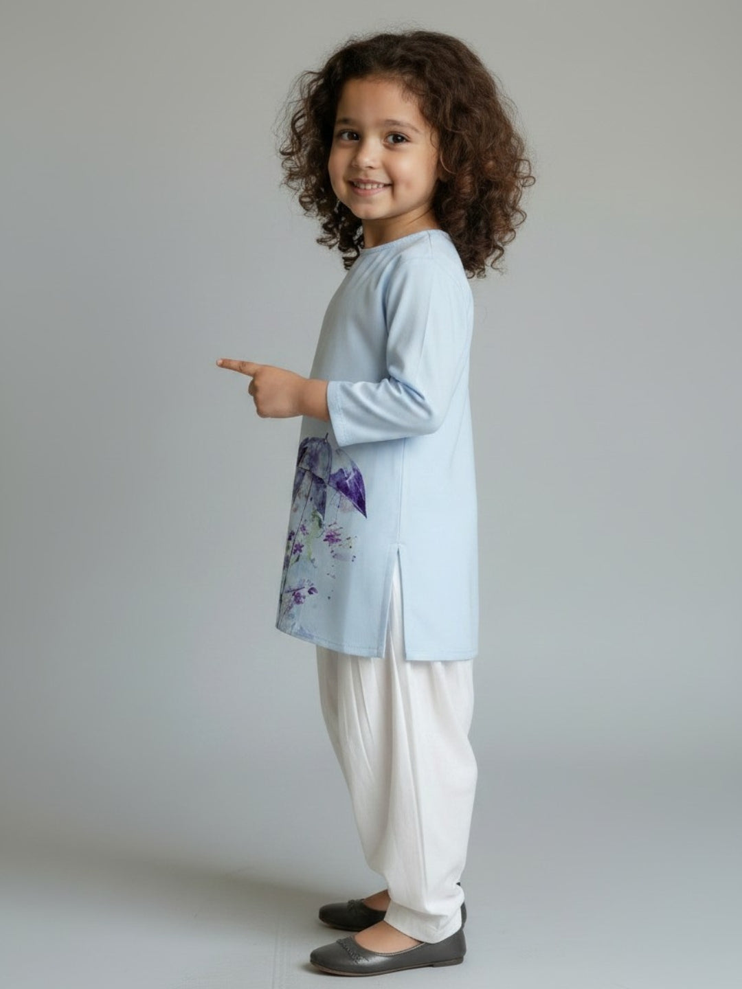 Girls' Sky Blue Cotton Kurti Set – Ethnic Print