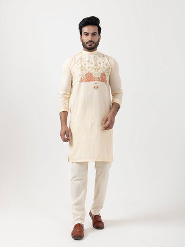 Men's Beige Cotton Kurta Set – Ethnic Print & Side Placket