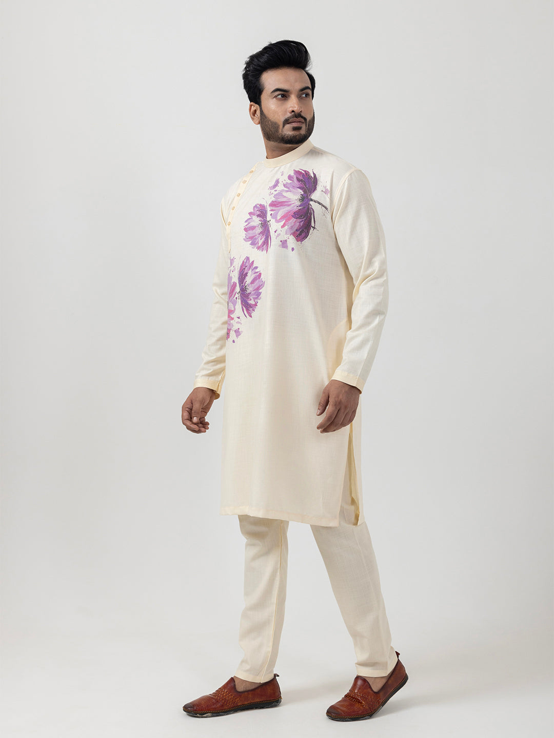 Men's Beige Cotton Kurta Set – Ethnic Print & Side Placket