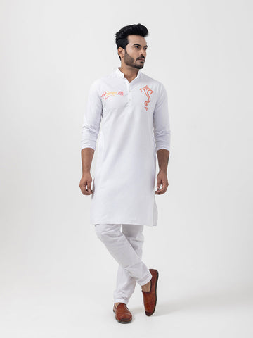 Men's White Cotton Kurta Set – Ethnic Print