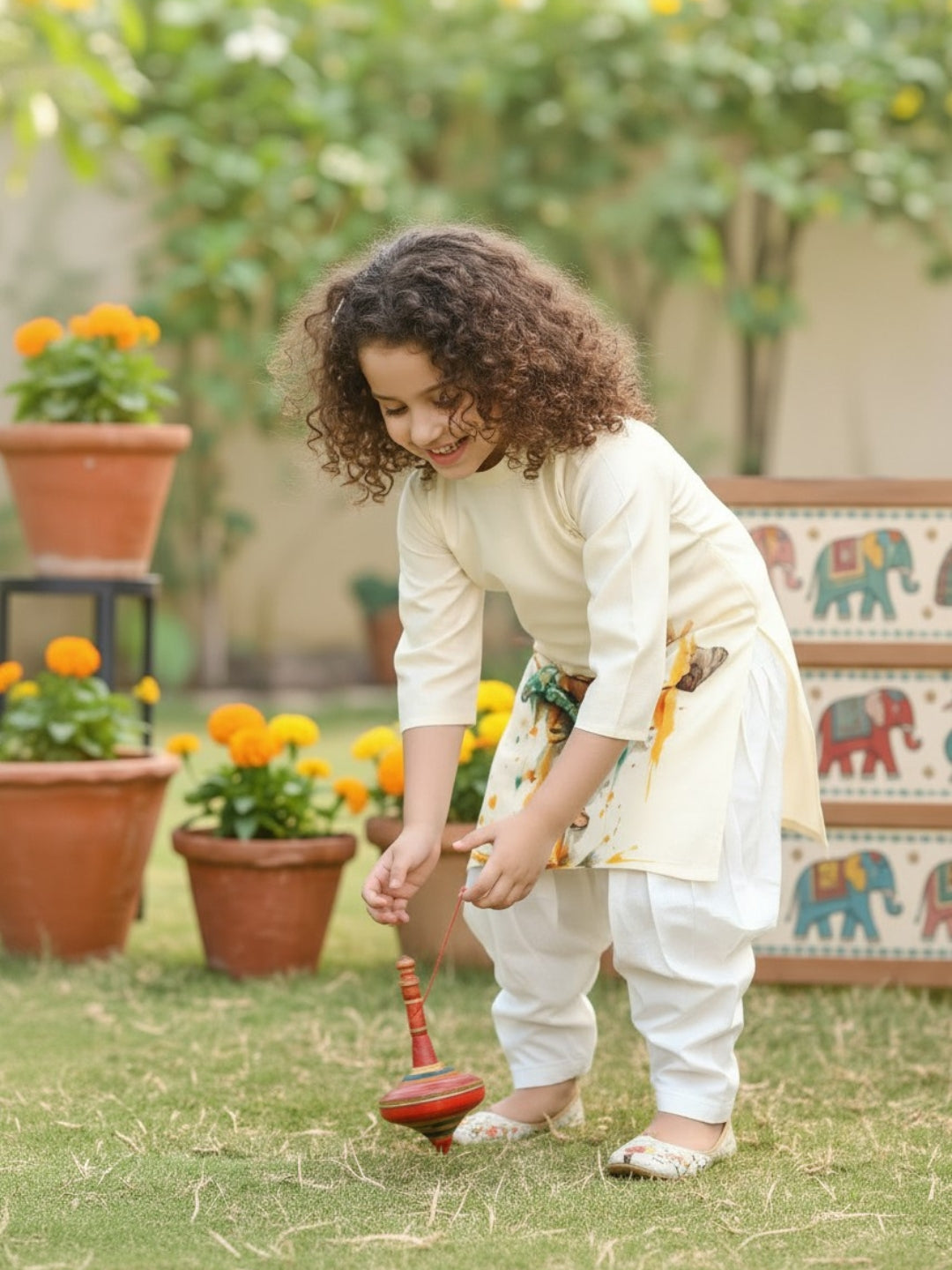 Girls' Beige Cotton Kurti Set – Ethnic Print