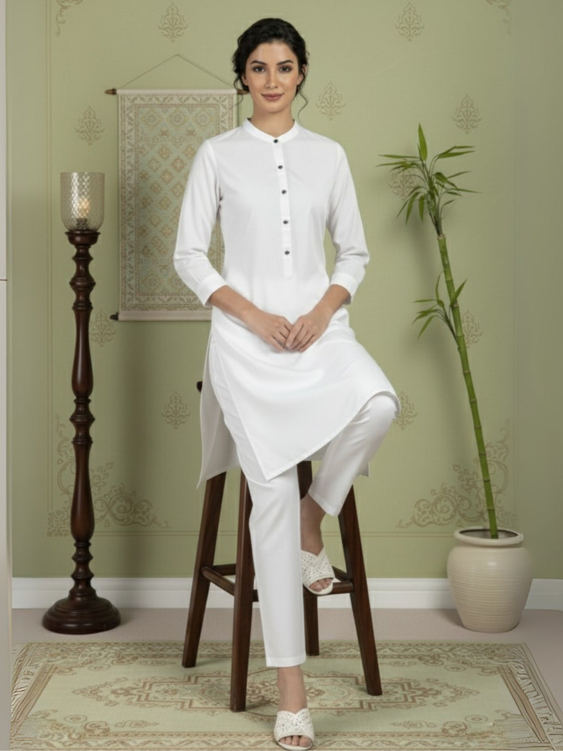 Women's White Cotton Kurti Set – Solid