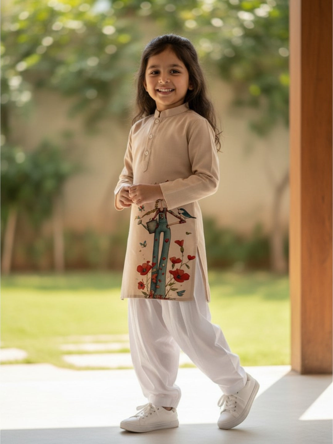 Girls' Beige Cotton Kurti Set – Ethnic Print