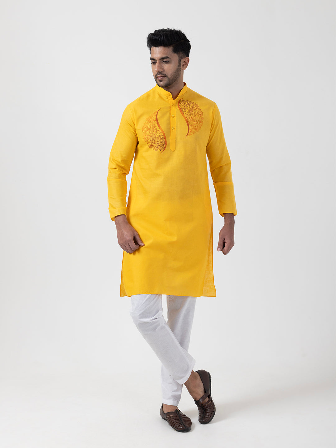 Men's Yellow Cotton Kurta Set – Ethnic Print