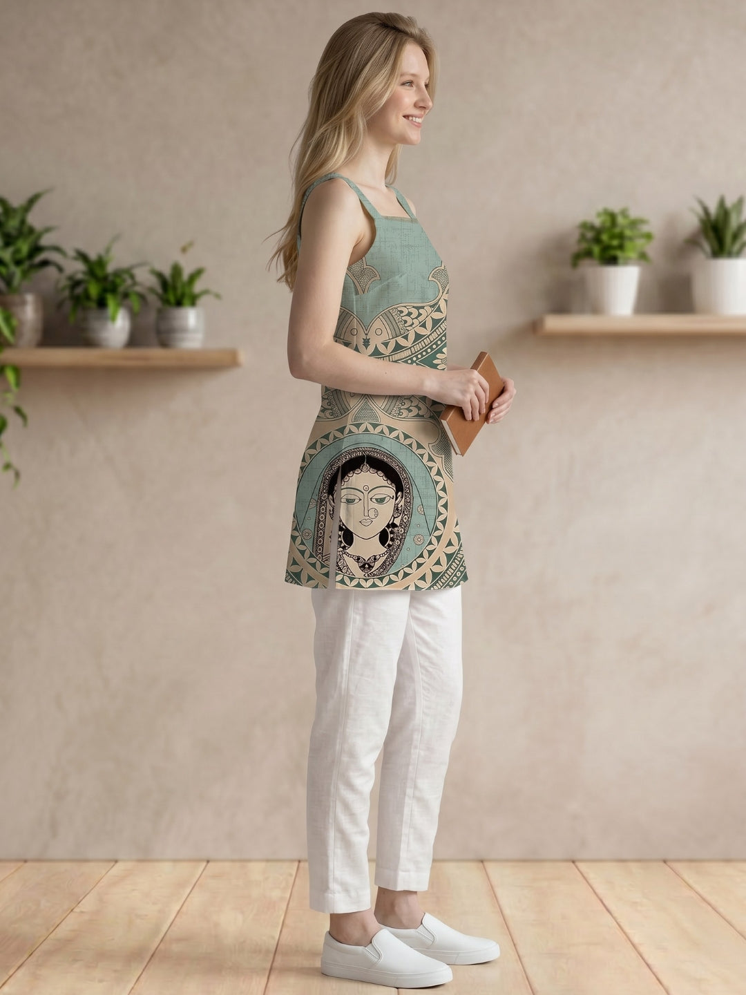Women's Sea Green Cotton Sleeveless Top – Floral Print