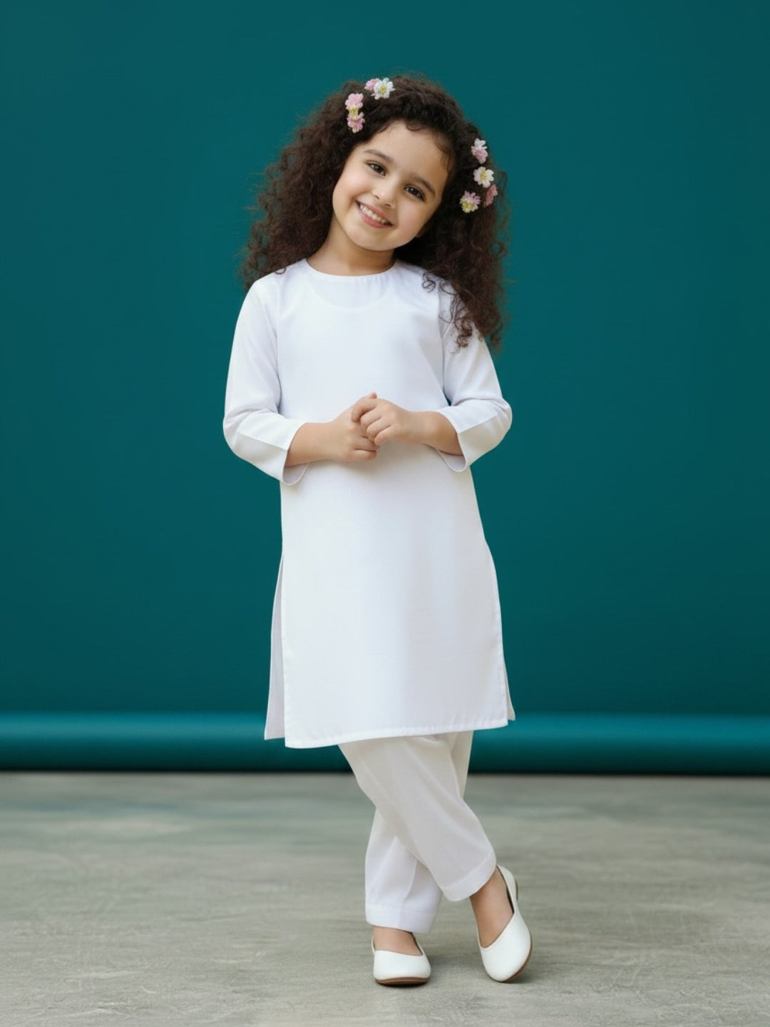 Girls' White Cotton Kurti Set – Solid