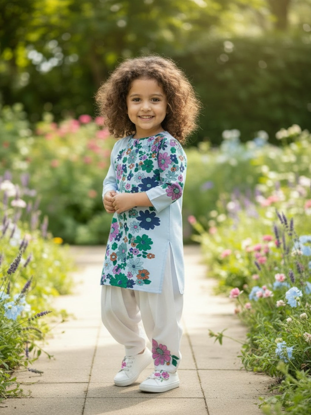 Girls' Sky Blue Cotton Kurti Set – Ethnic Print