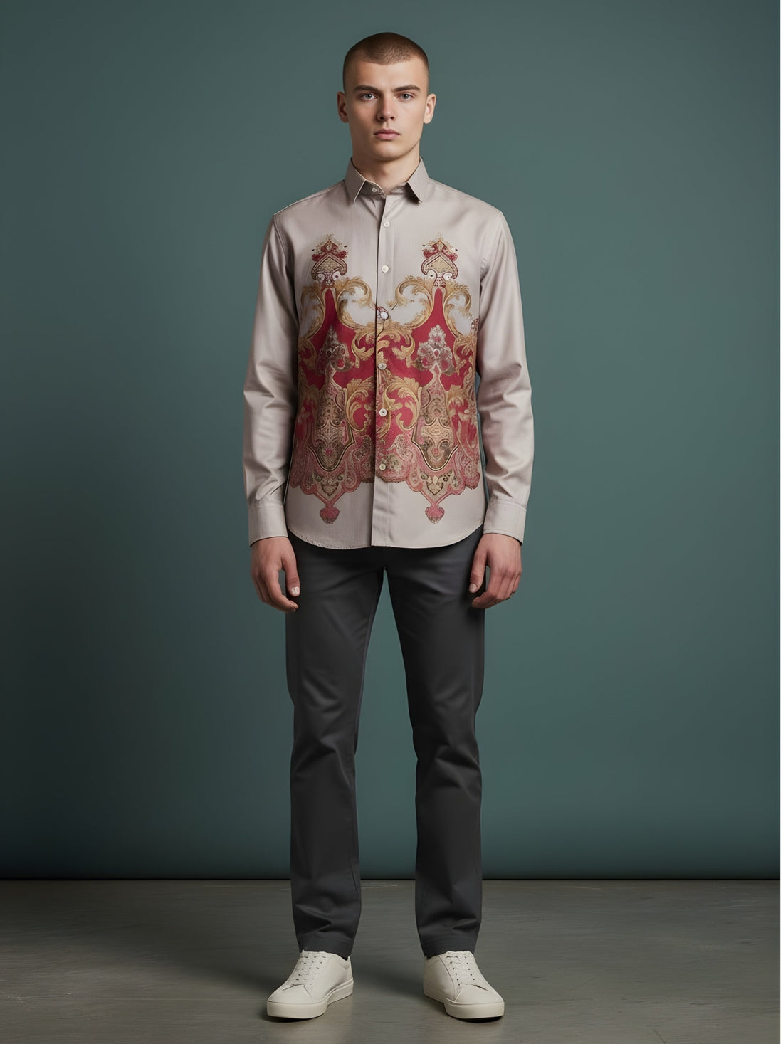 Men's Beige Cotton Shirt – Ethnic Print