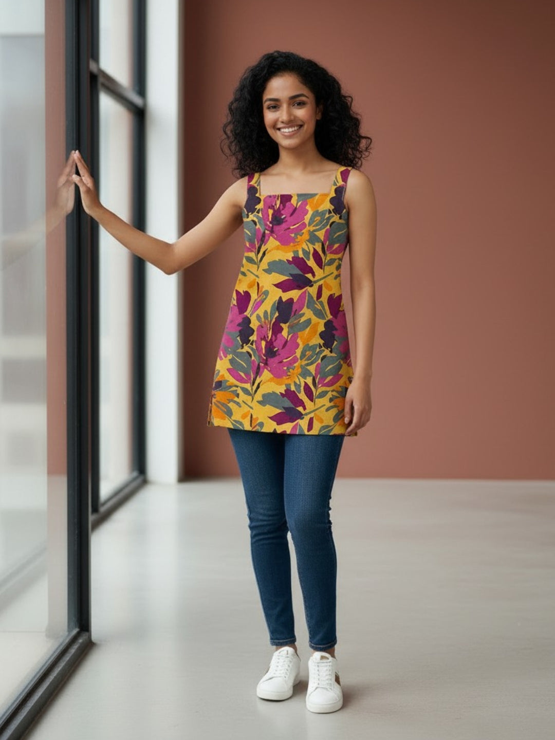 Women's Multicolour Cotton Sleeveless Top – Floral Print