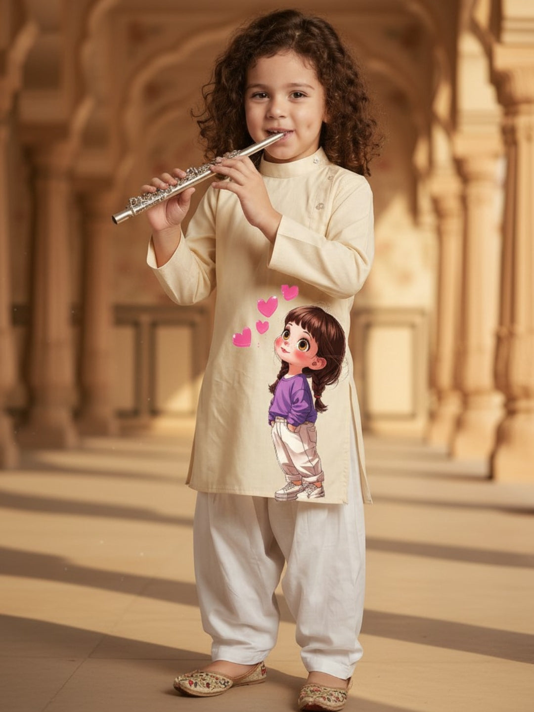 Girls' Beige Cotton Kurti Set – Ethnic Print