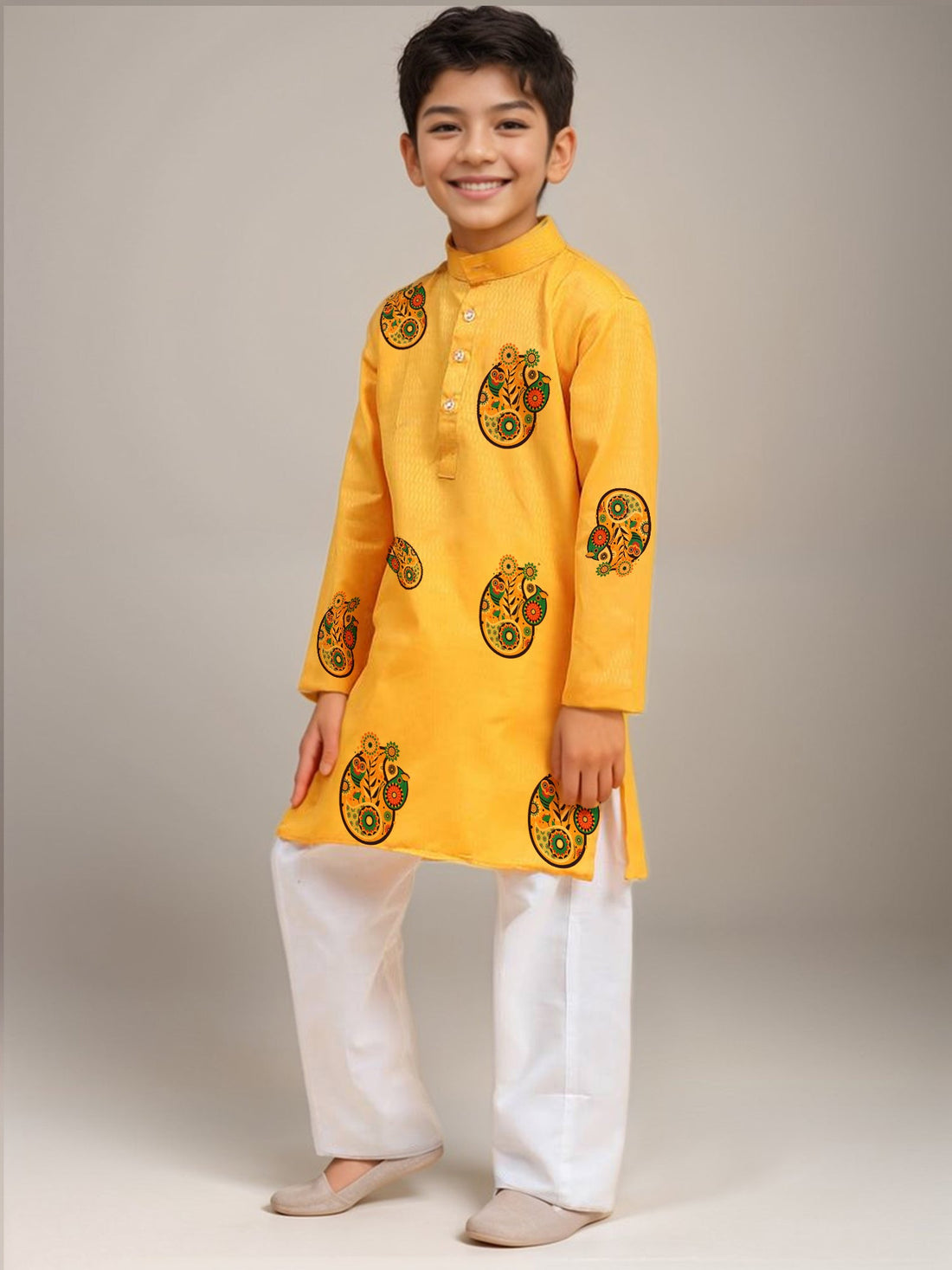 Boys' Yellow Cotton Kurta Set – Printed