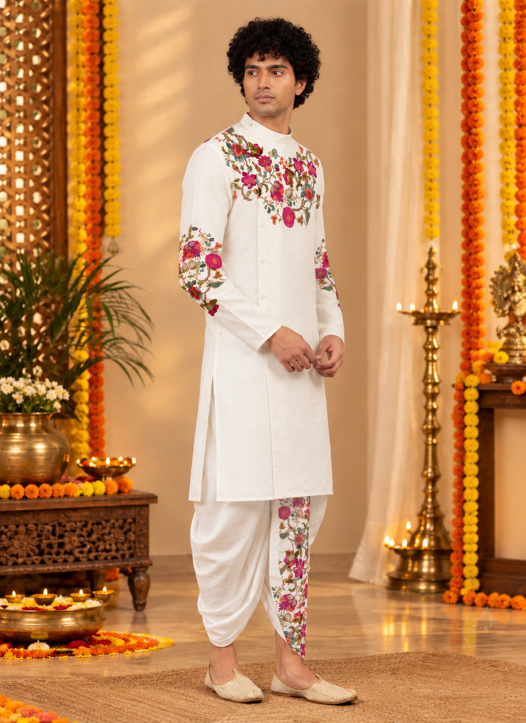Men's White Cotton Kurta with Dhoti Set – Ethnic Print & Side Placket