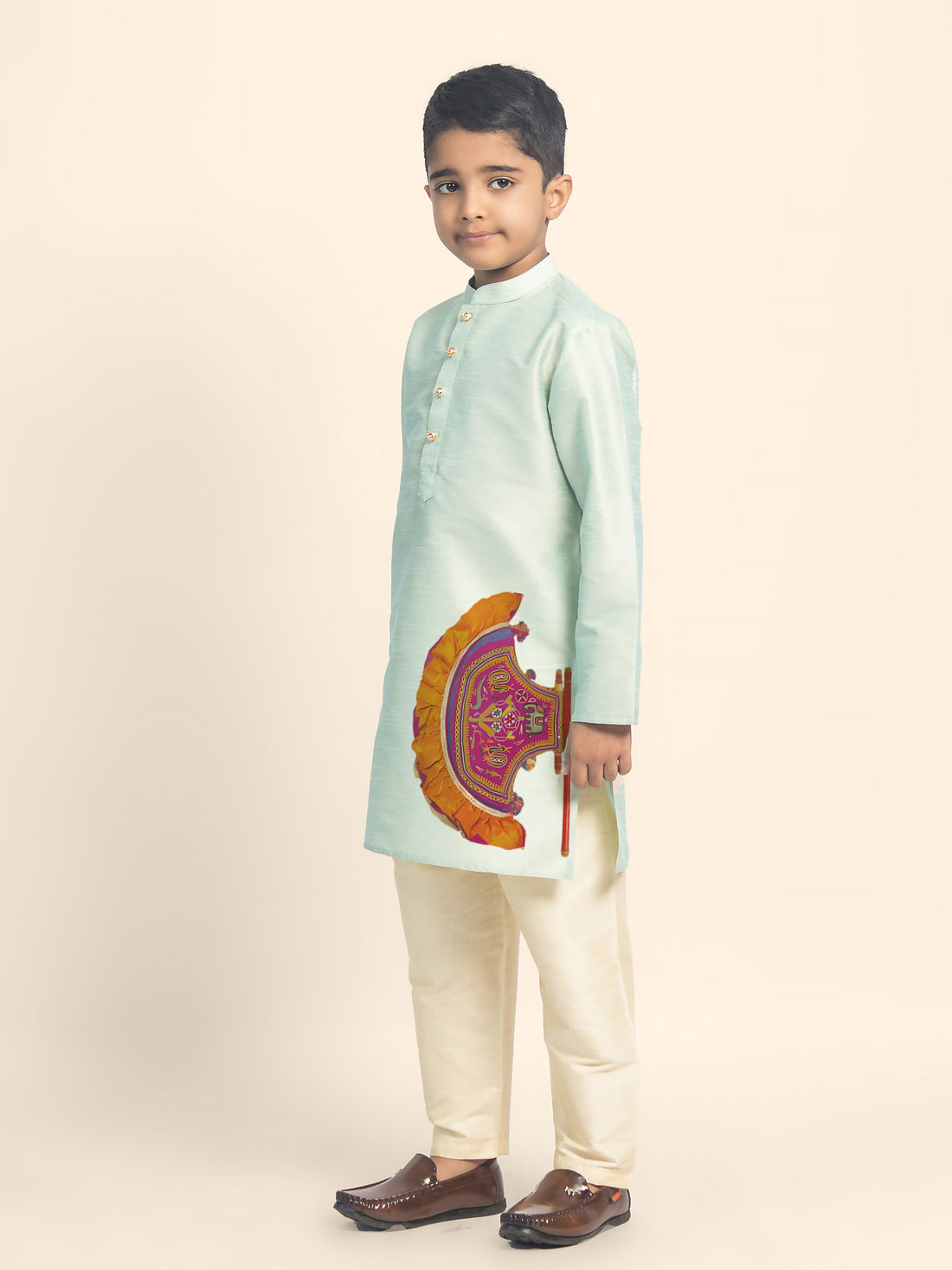 Boys' Green Dupion Silk Kurta & Beige Pyjama Set – Printed