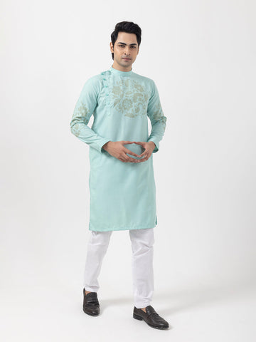 Men's Green Cotton Kurta Set – Ethnic Print & Side Placket