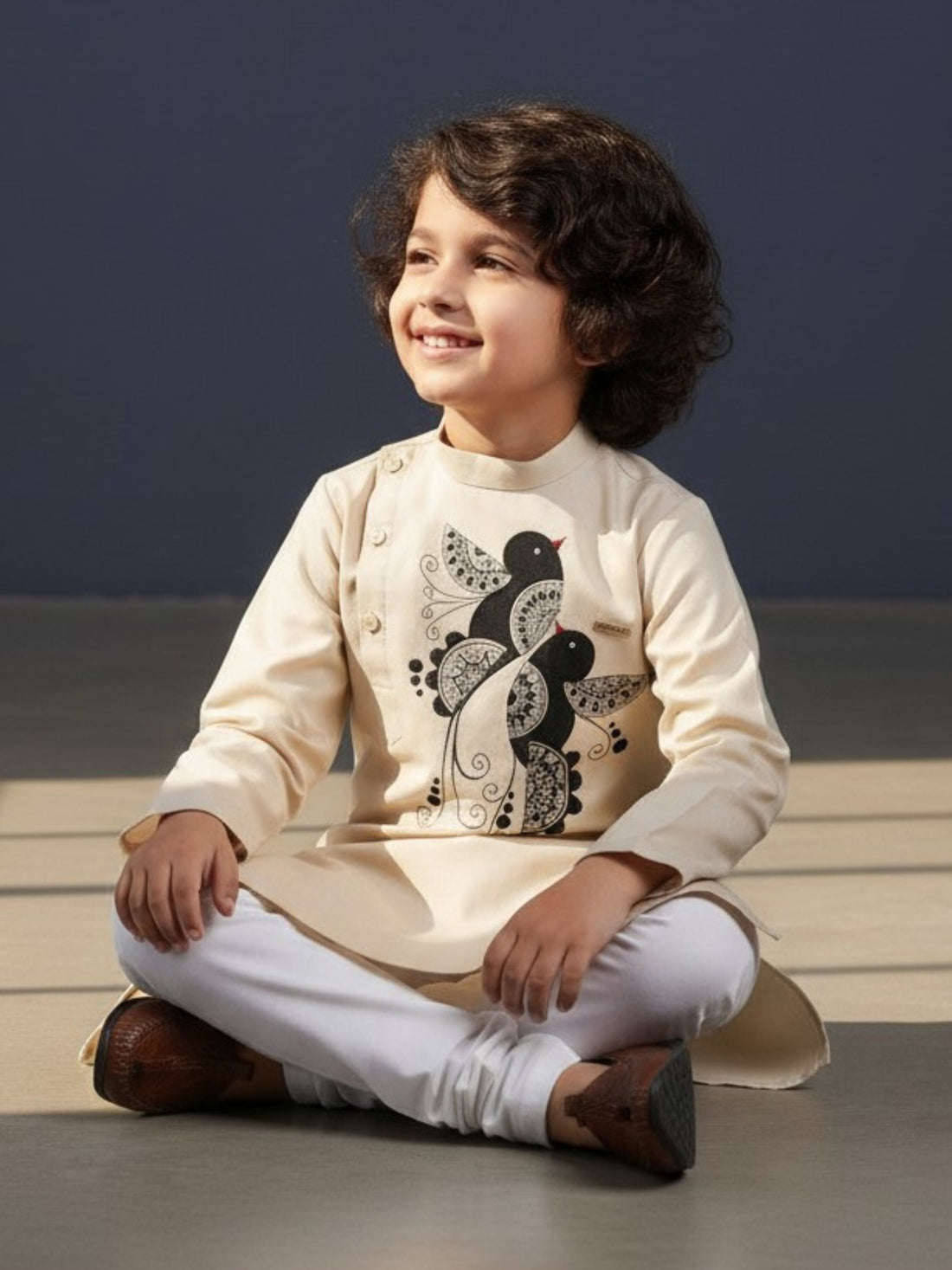 Boys' Beige Cotton Kurta Set – Ethnic Print