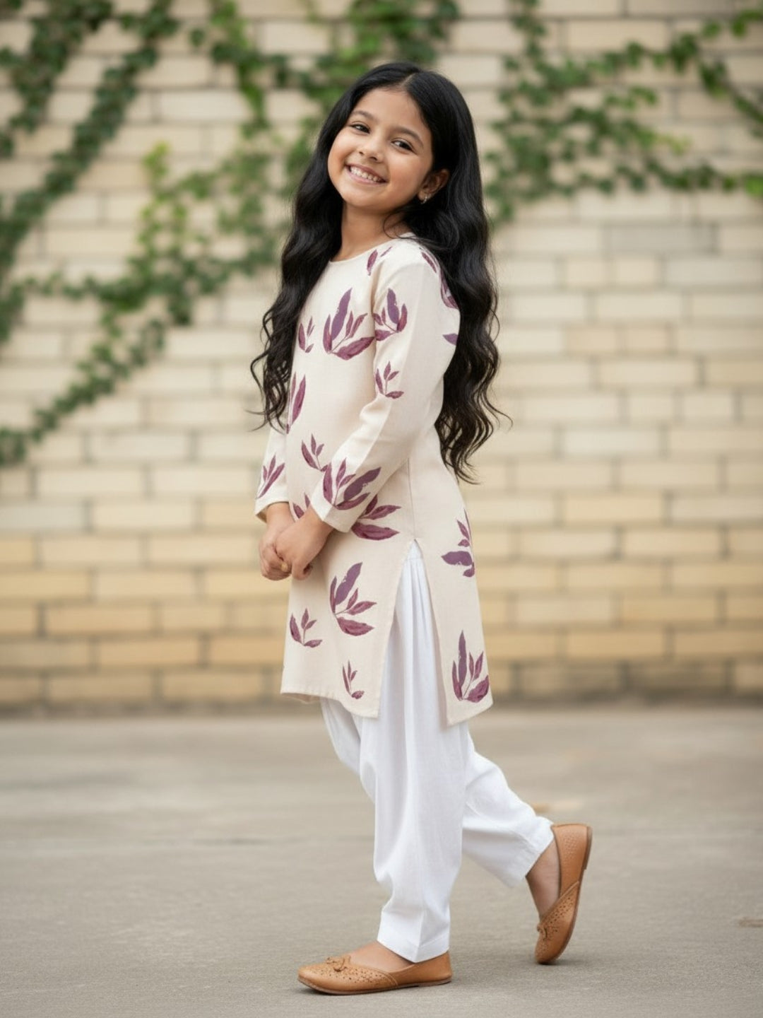 Girls' Beige Cotton Kurti Set – Ethnic Print