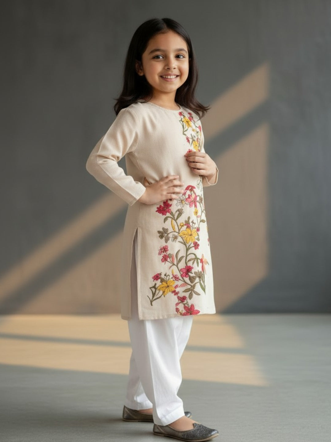 Girls' Beige Cotton Kurti Set – Ethnic Print