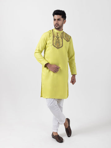 Men's Lime Green Cotton Kurta Set – Ethnic Print & Side Placket