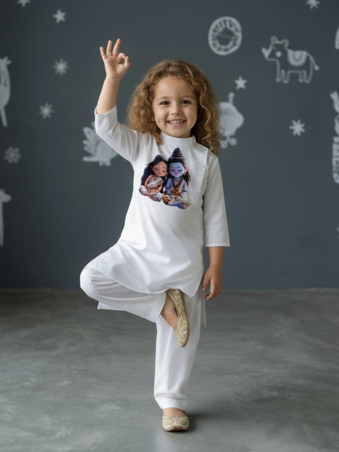 Girls' White Cotton Kurti Set – Ethnic Print