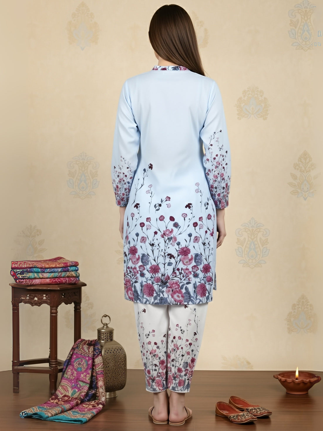 Women's Sky Blue Cotton Kurti Set – Ethnic Print