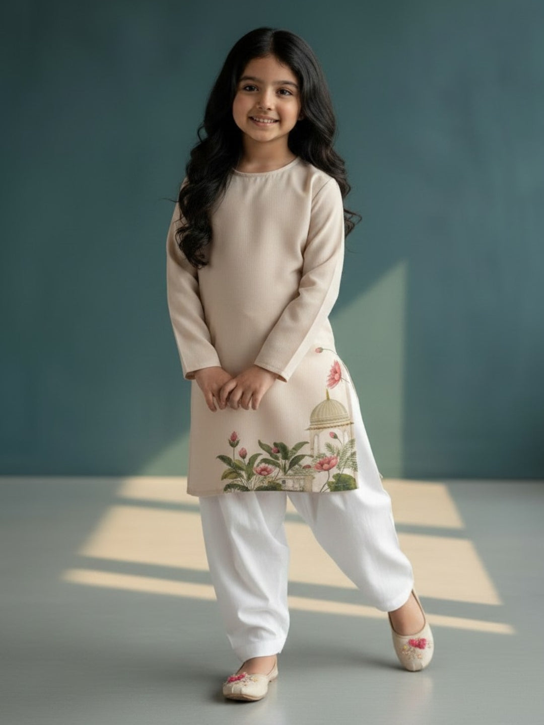 Girls' Beige Cotton Kurti Set – Ethnic Print