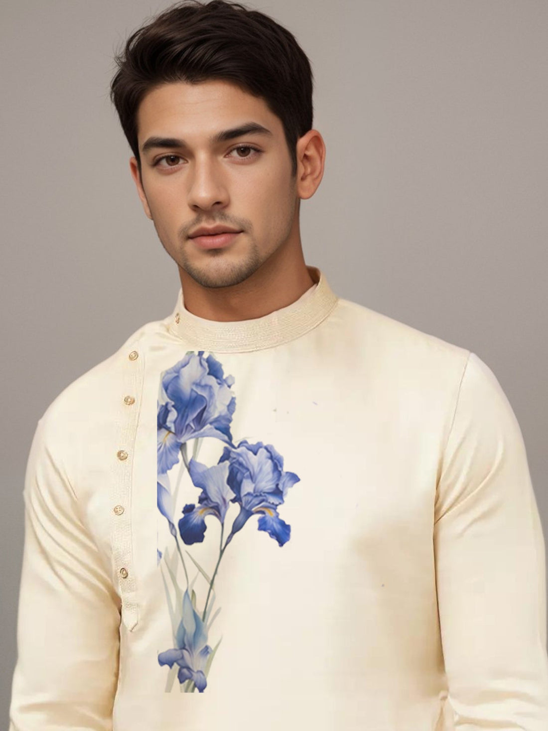 Men's Beige Cotton Kurta Set – Ethnic Print & Side Placket